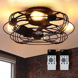 20″ Low Profile Caged Ceiling Fan with Lights and Remote Control, Farmhouse Black Flush Mount Ceiling Fan, Small Industrial Enclosed Bladeless Fan Light for Bedroom, Dining, Patio (Include Bulbs）