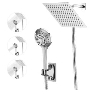 BECLESSO 8 Settings High Pressure Metal Shower head with Handheld,Against Low Water Pressure, Full Plated Shower Face with Metal Hose and shower arm bracket (2.5 GPM, Chrome)