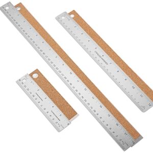 Metal Ruler with Cork Backing 3 Pack Non-Slip Stainless Steel Ruler 6 Inch/12 Inch/18 Inch Metal Ruler Set with Inch and cm Drafting Measuring Office Tools for Precise Measurement Purposes, Sliver