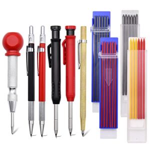 Mechanical Carpenter Pencils Kit, Includes 40 Refills, 4 Deep Hole Woodworking Pencils, Metal Carbide Scriber and Automatic Center Punch, Carpentry Marking Scribe Tools for Architect