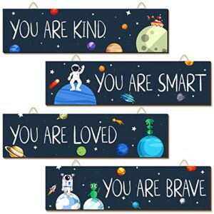 4 Pieces Inspirational Wall Art Decor Space Themed Bedroom Decor Motivational Wooden Kids Room Decor Nursery Hanging Playroom Decor Outer Space Room Decor for Baby Boys Toddler Classroom Decor