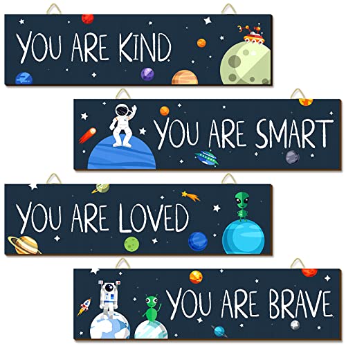 4 Pieces Inspirational Wall Art Decor Space Themed Bedroom Decor Motivational Wooden Kids Room Decor Nursery Hanging Playroom Decor Outer Space Room Decor for Baby Boys Toddler Classroom Decor | The Storepaperoomates Retail Market - Fast Affordable Shopping