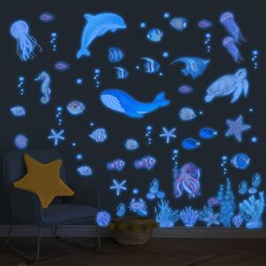 Sea Turtle Ocean Fish Wall Decals Glow in The Dark, Under The Sea Life Animals Stickers for Ceiling, Girls Boys Waterproof Decoration for Living Room Wall Bathroom Toilet