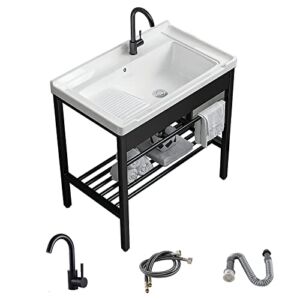 Freestanding Laundry Utility Sink, 28.3″ × 19″ × 32.3″ Ceramic Sink Set with Bracket and Drainage Kit for Laundry Room, Utility Room, Garage, Basement, Outdoor and Indoor