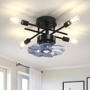 Farmhouse Ceiling Fan with Lights, Indoor Ceiling Fan with Remote Control , Industrial Black Ceiling Fans Light Kits, Flush Mount Lighting & Ceiling Fan Light Fixture for Low Profile Ceiling