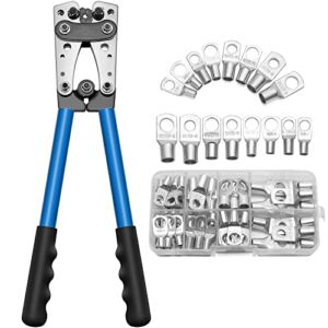 SOLEILLUNE Battery Cable Lug Crimping Tool for 10-1 AWG Terminals with 60Pcs 8Specs Copper Ring Cable Lugs Kit Heavy Duty Wire Terminal Crimper for Electrical Connectors