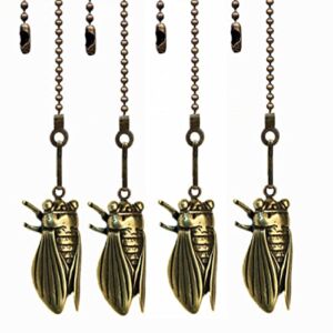 Ceiling Fan Pull Chain Set, 12 Inches Vintage Solid Cicadas Charm Pendant Pull Chain Extender with Connector, 4Pcs