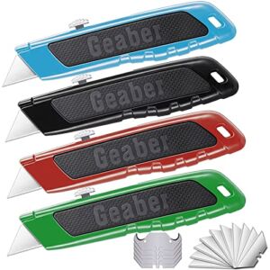 Geaber Box Cutter, 4-Pack Aluminum Shell Retractable Utility Knife for Heavy Duty Purpose, SK5 Sharp Blade, Rubbery Handle, with 15-Piece Blades, Can cut Drywall, Sheet Plastic, Linoleum, Boxes, Rope