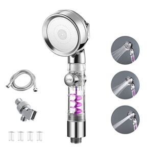 High Pressure 3-mode Handheld Shower Head with Bracket & Hose & 4 Fiters, Fitlered Handheld Shower Head with 360 Degrees Rotating Turbo Fan & Stop Switch, Water Saving Showerhead with Filters