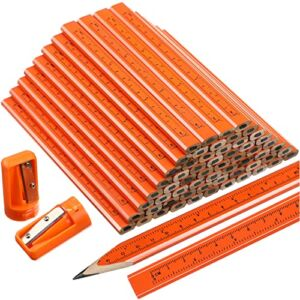 60 Pieces Carpenter Pencil set Orange Construction Pencil Bulk Flat Pencils with Printed Ruler and Pencil Sharpener Chalk Pencils for Woodworking Mechanical Writing Tool
