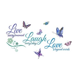 Live Laugh Love Inspirational Quotes Wall Decals Butterfly Motivational Lettering Positive Sayings DIY Sticker Vinyl Art Mural for Bedroom Living Room Nursery Decor(Blue)