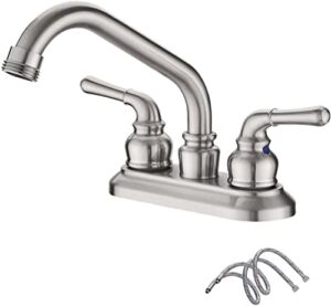 Brushed Nickel 4 Inch Centerset 2 Handle 2-3 Hole Threaded Swivel Spout Laundry Faucet by Kadilac, with Water Supply Hose, BF027-8-BN