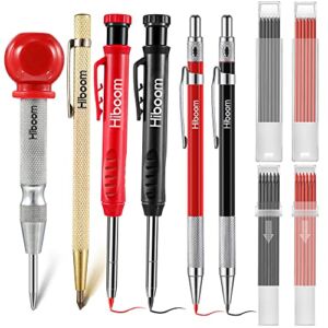 Hiboom Carpenter Pencils with Center Punch, Deep Hole Marking Pencile Mechanical with Built-in Sharpener, Carbide Scribe Tool Woodworking Pencils with 40 Refills Red Gray, for Architect Carpenter