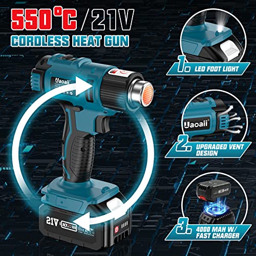 Cordless Heat Gun, Uaoaii 21V Hot Air Gun w/ 2x 4.0Ah Rechargeable Battery, 4 Nozzle, Led Light & Suitcase, 2-Temp Setting Max 1022°F(550°C) Heat Gun for Crafts, Shrink Tubing, Resin & Decorating | The Storepaperoomates Retail Market - Fast Affordable Shopping