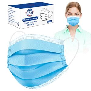 100 Pack Disposable Face Masks 3-Layer Medical Grade Safety Masks for Protection ,USA Made Bulk masks Comfortable & Breathable Face Mask for Adults