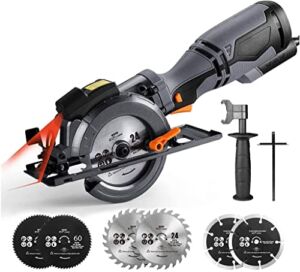 5.8A Corded Electric Circular Saw with 6 Saw Blades and Laser Guide, Max Cutting Depth 1-11/16” (90°), 1-3/8” (45°), Ideal for Wood, Soft Metal, Tile And Plastic Cuts