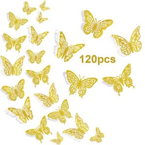 120Pcs Gold Butterfly Decorations, 3D Butterfly Wall Decor 5 Styles 3 Sizes, Gold Butterflies for Birthday Party Cake Decorations, Removable 3D Butterfly Wall Stickers for Gold Wall Decor Room Decor