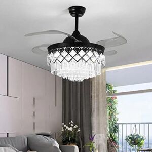 LvLating 42” Crystal Chandelier Ceiling Fan with Light Remote Control, Black Retractable Fandelier Ceiling Fan With 3 Color Change Light Fixture for Bedroom Living Room