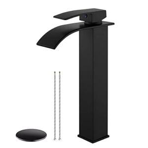 Airuida Vessel Sink Faucet, Matte Black Waterfall Spout Bathroom Faucet, Tall Single Handle One Hole Bowl Mixer Tap, Waterfall Spout Lavatory Vanity with Pop Up Drain