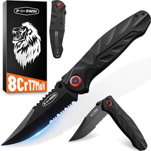 Pocket Knife, EDC Knife with 3.1″ Serrated Clip Point Blade and Aluminum Handle Small Pocket Knives for Camping Fishing Hiking, PERWIN