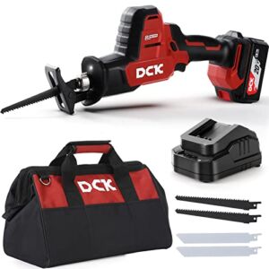 Brushless Reciprocating Saw, DCK 20V Cordless Reciprocating Saw, 0-3000 SPM Variable Speed, with 4.0Ah Battery & 2.0A Charger, LED Light, Compact One-Handed Saw Kit, 4 Saw Blades for Wood/Metal/PVC