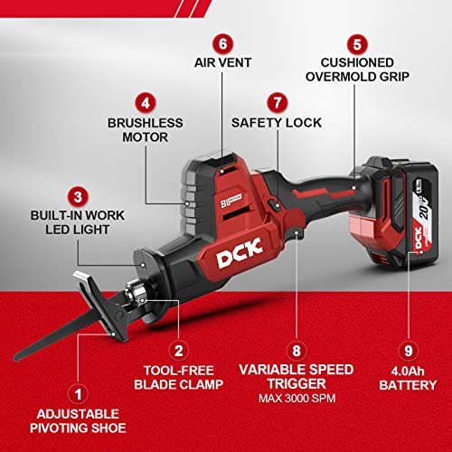 Brushless Reciprocating Saw, DCK 20V Cordless Reciprocating Saw, 0-3000 SPM Variable Speed, with 4.0Ah Battery & 2.0A Charger, LED Light, Compact One-Handed Saw Kit, 4 Saw Blades for Wood/Metal/PVC | The Storepaperoomates Retail Market - Fast Affordable Shopping