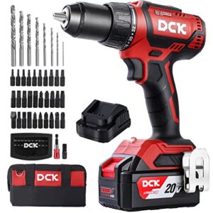 Brushless Cordless Drill Set, DCK 20V Electric Drill with 4.0Ah Battery and Charger, 1/2-Inch Keyless All-Metal Chuck, 2 Variable Speed, Power Drill Kit for Screw Driving Wood Ceramic Tile Steel