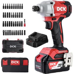 Impact Driver, DCK 20V Max Brushless Cordless Impact Driver Kit,1600 In-lbs, 1/4″ All Metal Hex, Variable Speed, 4.0Ah Battery & Charger, 42 Piece Bits, Power Impact Driver for Car Tires, Metal, Wood