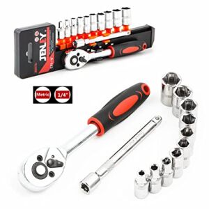 JENLEY Ratchet Socket Wrench Set 1/4 Inch Drive, Mechanic Tool Kit with 4mm-13mm Metric Sockets, Release Ratchet Handle and Extension bar,Plastic Rack 12-Pieces