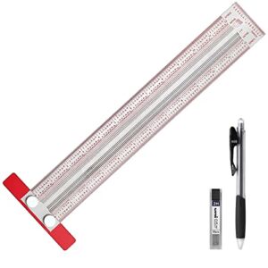 XUNTOP 12” T-Ruler Ultra Precision Marking Ruler Stainless Steel T-Type Square Woodworking Scriber Measuring Tool Carpenter Mark T-Ruler with Mechanical Pencil for Woodworking Carpentery