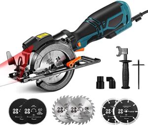 5.8A Corded Electric Circular Saw with 6 Saw Blades and Laser Guide, Max Cutting Depth 1-11/16” (90°), 1-3/8” (45°), Ideal for Wood, Soft Metal, Tile And Plastic Cuts
