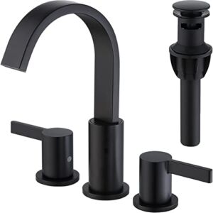Black Bathroom Faucet, 2 Handle Basin Sink Waterfall Faucet, Brass Bathroom Faucet 3 Hole 8 Inch Widespread Deck Mounted, Hot and Cold Mix Swivel Faucet with Pop Up Drain Assembly, Matte Black