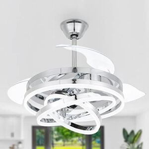42 Inch Retractable Ceiling Fan, Geometric Circled Hanging Light Fan with Silent Motor, Retractable Blades, 6 Speed, 3 Color Change, Timer, Chrome Chandelier Fan Ceiling Light for Bedroom