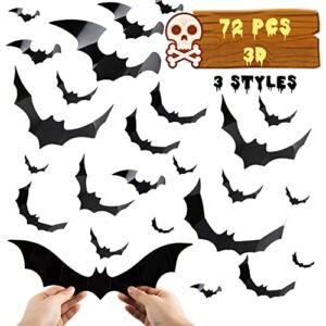Labeol 72 Pcs Halloween Bat Decorations,3D Bats Wall Stickers 3 Styles and 12 Sizes Realistic and Scary Black Bat Wall Stickers for Halloween Decorations Outdoor Indoor Halloween Party Supplies