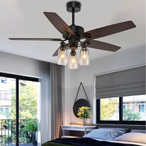 Morpholife 52″ Black Rustic Ceiling Fan with Lights Remote Control, Farmhouse Chandelier Fan, Industrial Ceiling Fans Light Fixture with 5 Reversible Blades 3-Speed & Timer for Living Room Bedroom