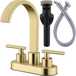 TRUSTMI Bathroom Faucet Gold 2 Handle Lavatory Basin Sink Faucet Swivel Waterfall 4 Inch Centerset Vanity Faucet with Overflow Pop Up Drain Assembly, Brushed Gold