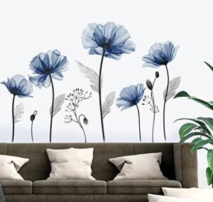 decalmile Large Blue Flower Wall Decals Floral Wall Stickers Bedroom Living Room TV Background Home Decor