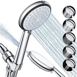 Shower Head with Handheld – VEWO High Pressure Shower Heads with Spray, Built-in Power Wash to Clean Tub, Tile & Pets 6 Spray Setting with Extra 59″ Staninless Steel Hose & Adjustable Bracket, Silver