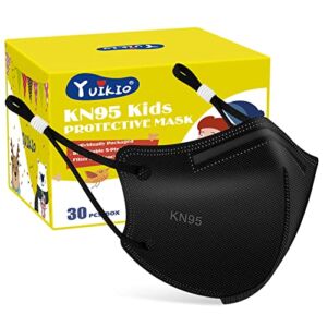 YUIKIO Kids KN95 Masks for Children 30 Packs, 5 Layers Breathable KN95 mask for kids Disposable Kids Face Masks With Adjustable Buckle for Boys Girls(Black)