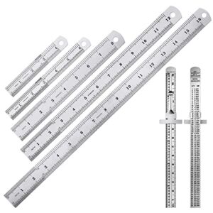 7 Pcs Flex Precision Stainless Steel Ruler Set, 4 Inch, 6 Inch, 8 Inch, 12 Inch, 14 Inch Metal Rulers, 15 cm Pocket Ruler Machinist Tools Scale Gauge Ruler for Woodwork Engineer Office Home School