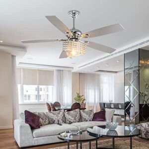 52Inch Crystal Ceiling Fan with Light and Remote Control, Modern Chandelier Ceiling Fan with Distinctive Triangular Light Fixture, 6 Speed 5 Reversible Wood Blades, Chrome Ceiling Fan for Indoor Home