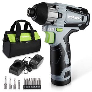 WORKPRO Cordless Impact Driver Kit, 1/4” Hex Electric Impact Drill/Driver Set with 12V 2.0Ah Lithium-ion Battery, 1 Hour Fast Charge, Variable Speed, 14pc Driver Bits and Tool Bag Included
