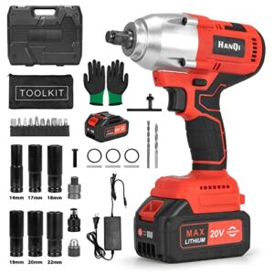 20V Cordless Impact Wrench 1/2 inch,Electric Power Impact wrenches,Brushless Motor Impact Gun,Max Torque 368 ft-lbs (500N.m) 3.0A Li-ion Battery,6Pcs Driver Impact Sockets,Gloves,Fast Charger.