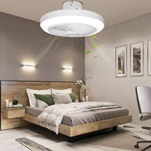 18 Inch LED Invisible Ceiling Fan Light Lamp Dimmable Smart Acrylic Ceiling Fan Semi Flush Mount Fan with Light 3 Speeds Remote Control White