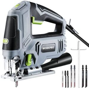 WORKPRO Jigsaw, 6.5AMP 850W Corded Electric Jig Saw Tool Kit with 6 Variable Speeds, 7 Blades, ±45° Bevel Cutting, LED Light, 3000 SPM, 4 Orbital Settings, Edge Guide, Tool-free Blade Changing