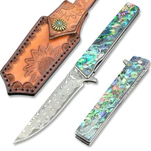 Damascus Pocket Knife, VALKNUT Handmade Hand Forged VG-10 Steel Folding Knives with Leather Sheath, 3-3/4 Inch Blade Pocket Knife for Outdoor Camping and Hunting (Abalone Handle)