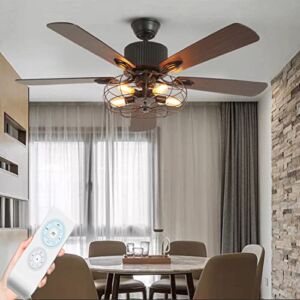 ILSELL 52 inch Farmhouse Ceiling Fan Black ,Industrial Ceiling Fan with Light and Remote,5 Wooden Reversible Blades,5-Lights E26,Caged Ceiling Fan for Bedroom Dining Room(Retro Country Style) (TT79)