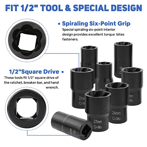 PTSTEL Bolt Nut Extractor Set,Lug Nut Remover Tool Kit,Metric Twist Socket Set, Easy Out For Removing Damaged,Broken, Frozen, Studs, Rusted Bolts,Screws&Nuts 9Pcs 1/2″ Drive,14-27mm | The Storepaperoomates Retail Market - Fast Affordable Shopping