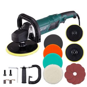Buffer Polisher, Wayjoy 12.5A 1500W Rotary Car Polisher, 6-Speed Buffer Waxer with 6” and 7“ Backing Plate, Buffer Polisher with D & Side Handle and LCD Display, 4 Foam Pads