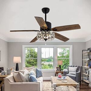 Black Ceiling Fan with Light and Remote Controls, Modern Crystal Ceiling Fans with 5 Wooden Fan Blades, 52-Inch Retro Rustic Ceiling Fan with Lights for Bedroom and Living Room